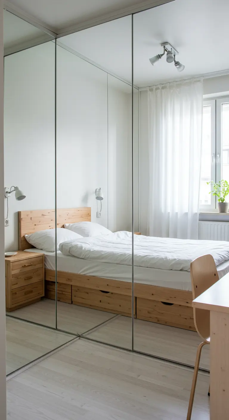 Slaapkamer met een grote kledingkast met spiegeldeuren die de ruimte en het licht reflecteren.
