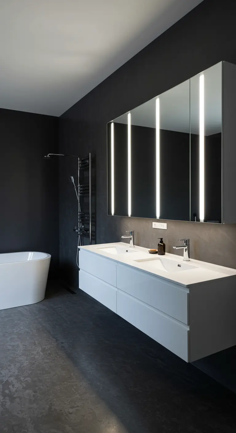 Donkere badkamer met zwevend wit meubel en brede spiegelkast met verticale LED-verlichting.