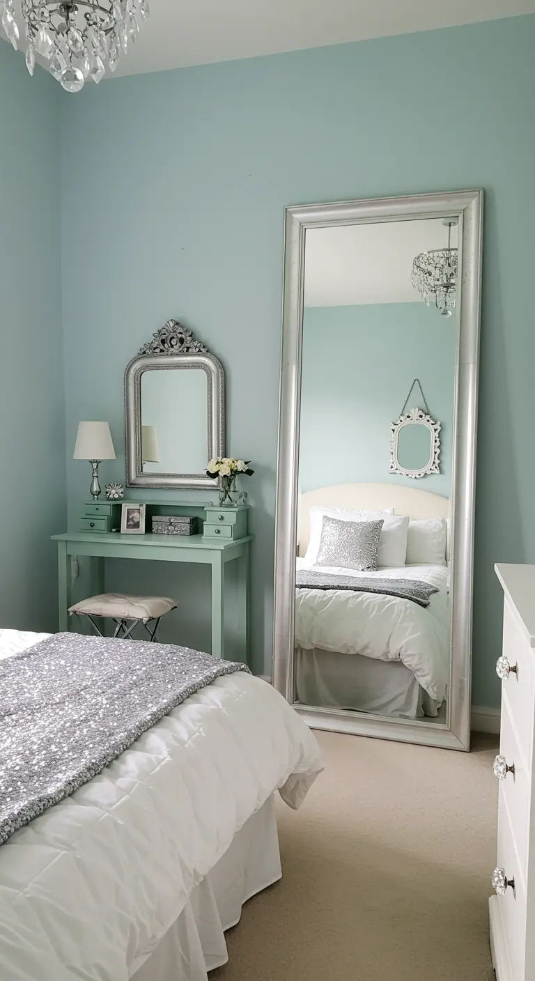 Lichte slaapkamer met grote passpiegel en kaptafel in pasteltinten.