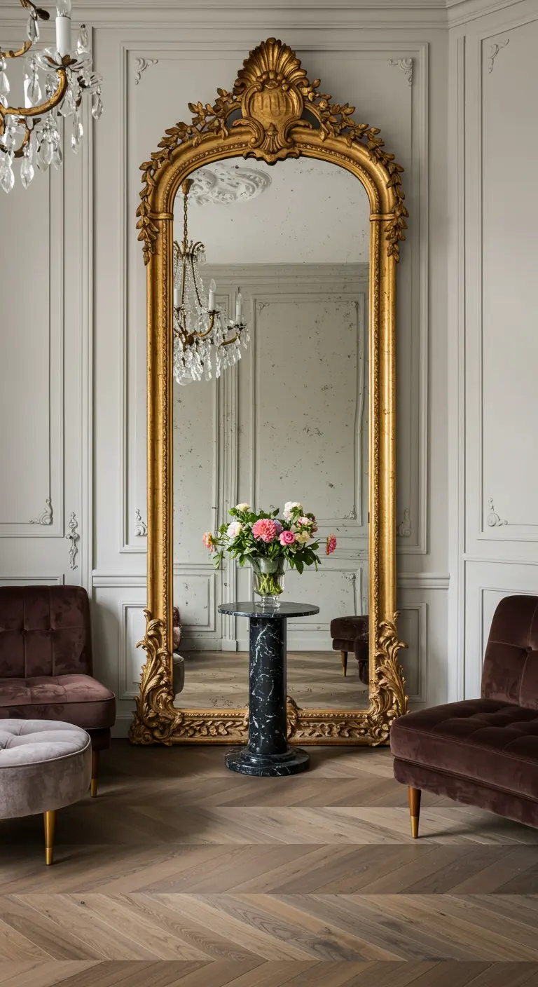 Grote antieke passpiegel met gouden lijst in een klassieke woonkamerhoek, reflecteert kroonluchter.