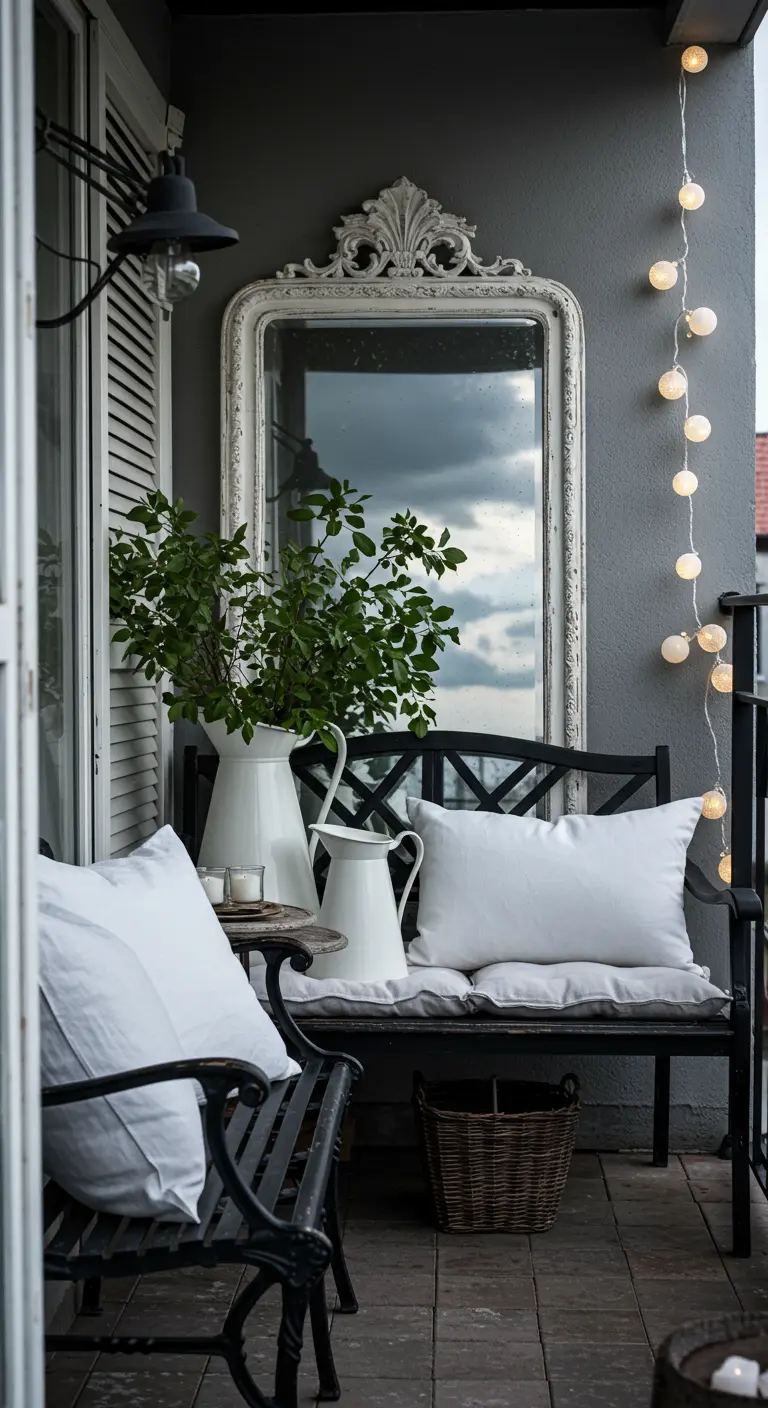 Balkon met grote sierlijke spiegel, zwarte bank, witte potten en lichtsnoer.