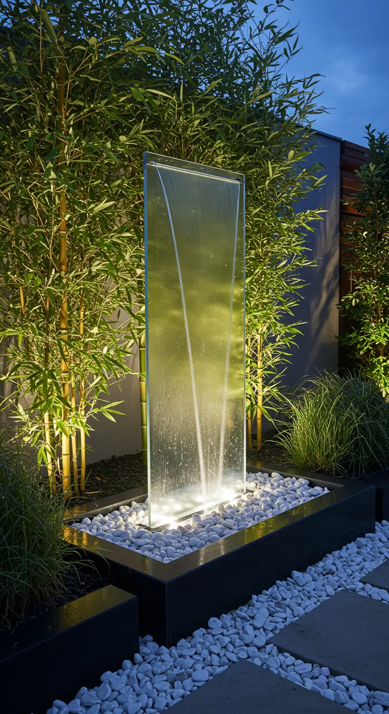 Moderne waterval van een glazen plaat, verlicht in een strakke tuin.