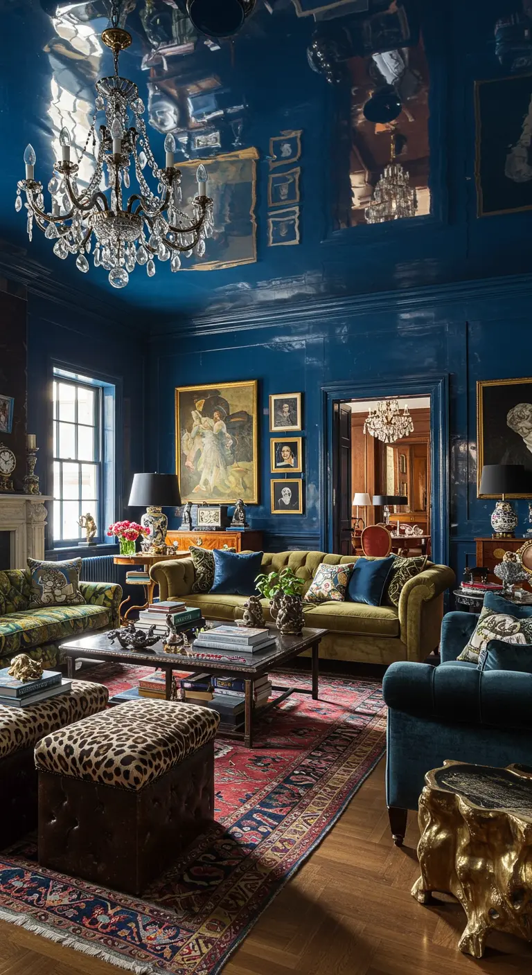 Chique woonkamer met een hoogglans donkerblauw gelakt plafond en klassieke meubels.