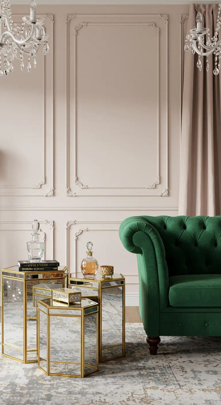 Groep van drie gespiegelde bijzettafels met gouden frame naast groene fluwelen bank.