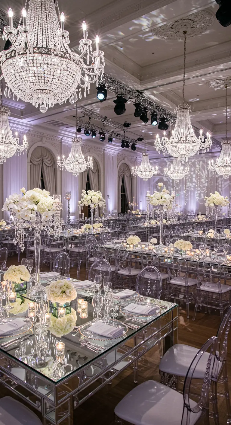 Luxe feestzaal met spiegelende tafels, plexiglas stoelen, witte bloemen en kristallen kroonluchters.