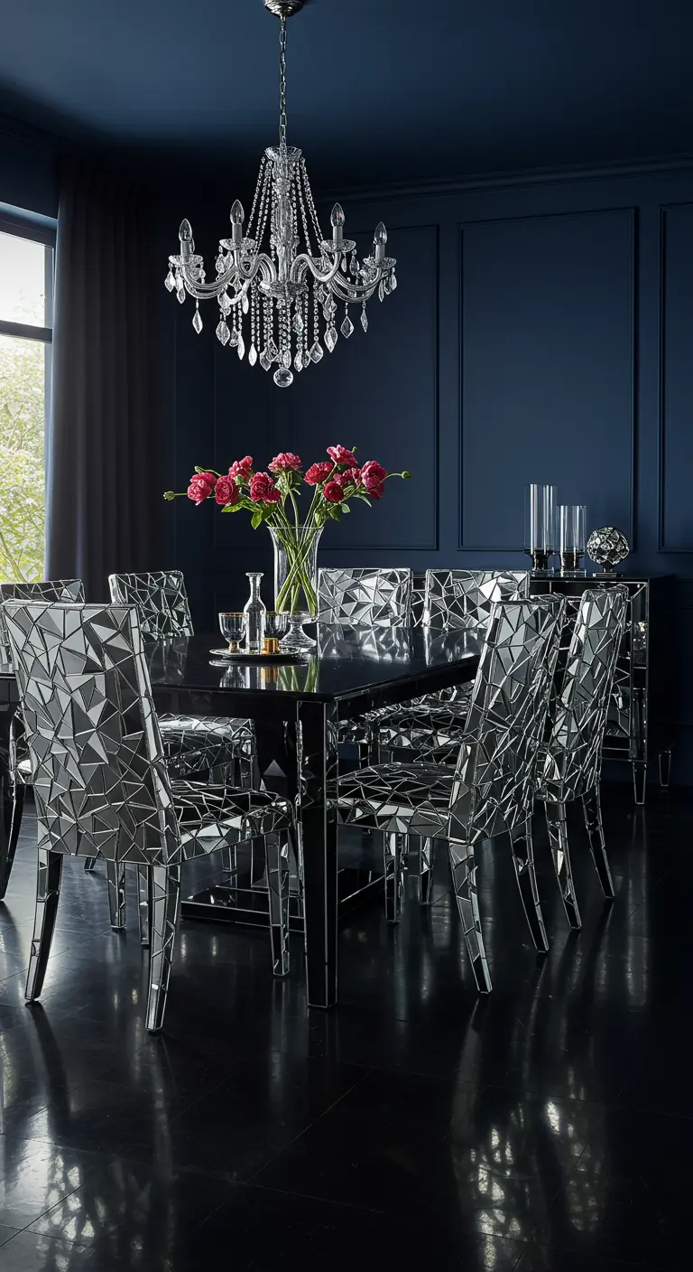 Donkere eetkamer met spiegelende geometrische stoelen, zwarte tafel en kristallen kroonluchter.