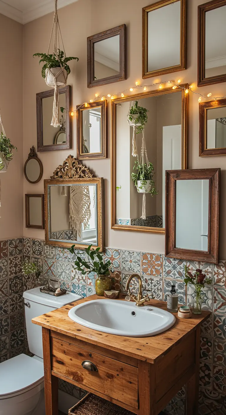 Bohemian badkamer met een collage van diverse spiegels en patroontegels.