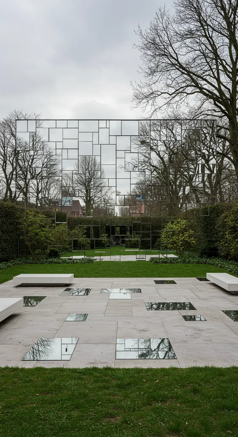 Grote kunstinstallatie van vierkante en rechthoekige spiegels in een moderne tuin met grasveld.