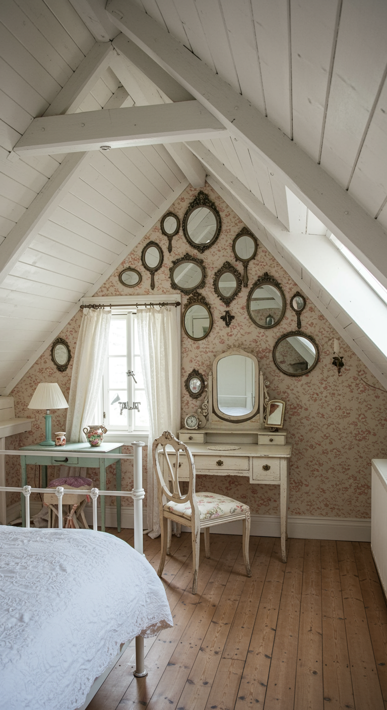 Verzameling kleine vintage spiegels op een schuine wand in een romantische zolderkamer.