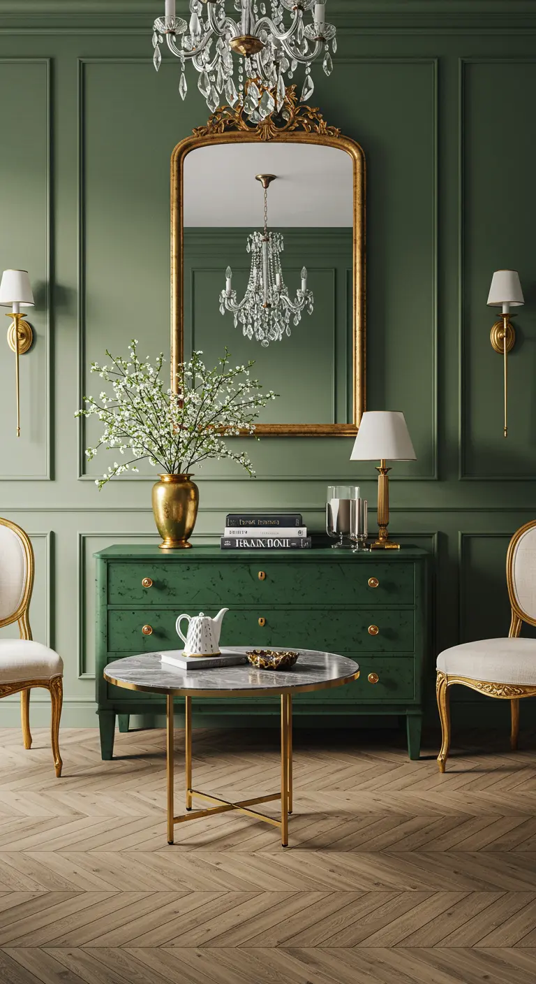 Elegante kamer met groene commode, grote gouden spiegel en klassieke kroonluchter.