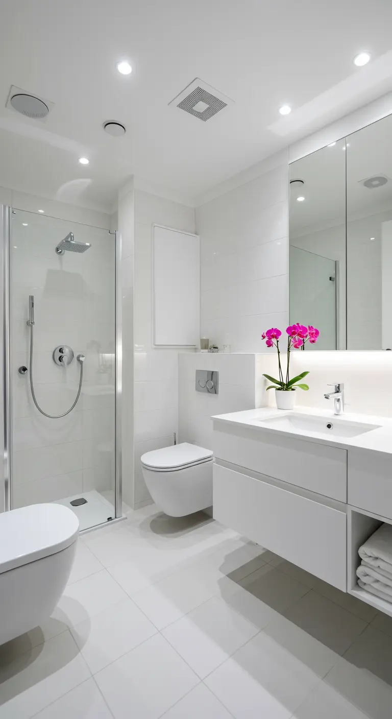 Witte badkamer met grote spiegel, glazen douche en spots.
