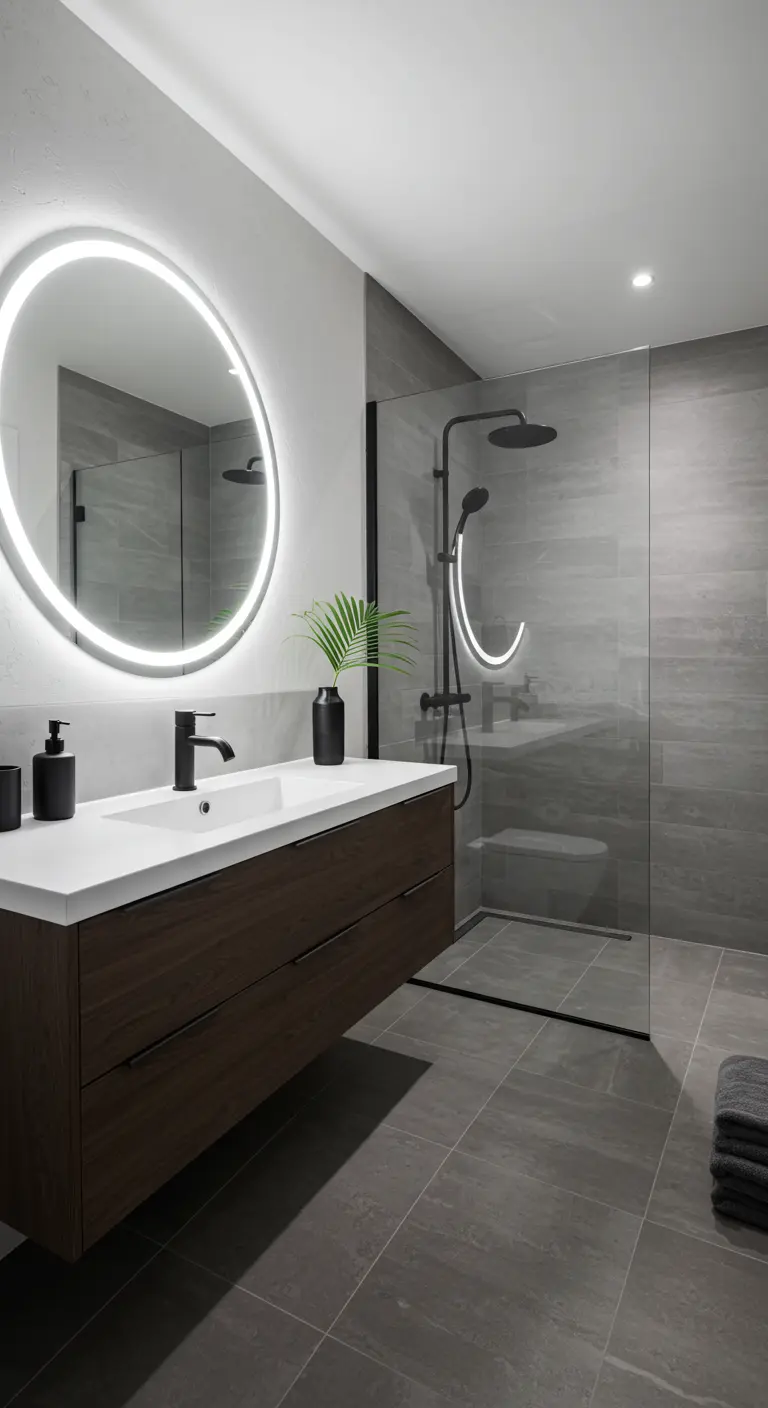 Moderne badkamer met donkerhouten zwevend wastafelmeubel en grote ronde LED-spiegel.