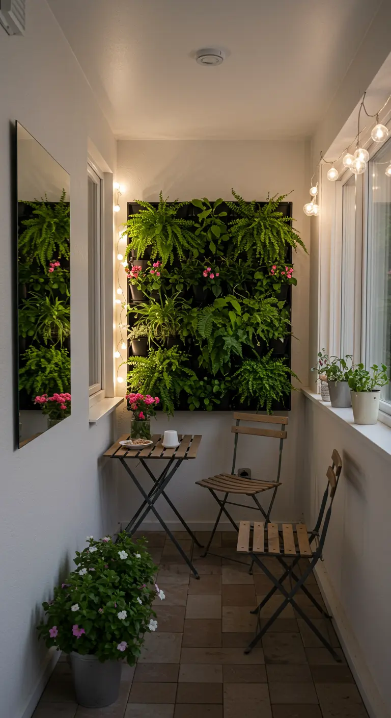 Klein balkon met een grote spiegel, groene plantenwand, bistrosetje en lichtslingers.