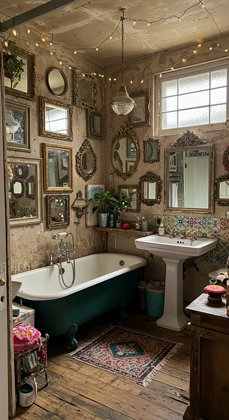 Eclectische badkamer met bad op pootjes en een wand vol diverse vintage spiegels en lichtslingers.