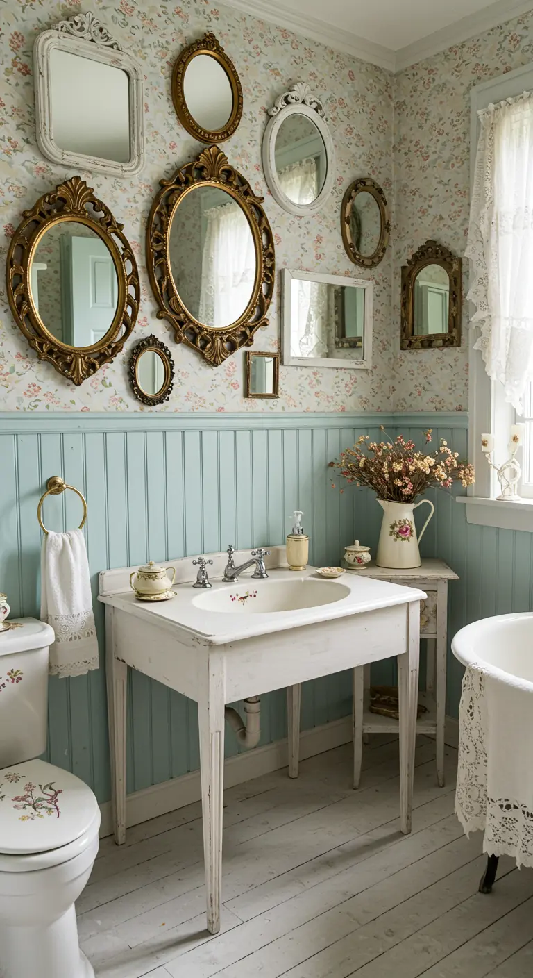 Cottage badkamer met een muur vol diverse vintage spiegels in verschillende vormen en lijsten.