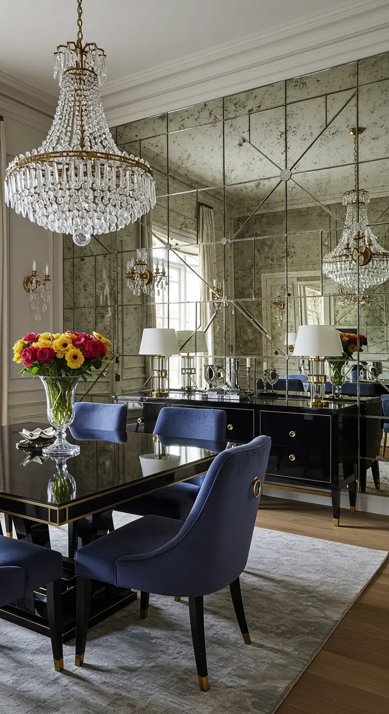 Luxe eethoek met een volledige wand van antiekspiegelpanelen en een grote kroonluchter.