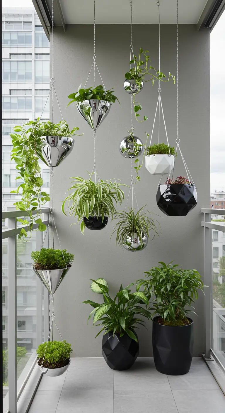 Moderne hangpotten in glanzend zilver en zwart met diverse groene planten.