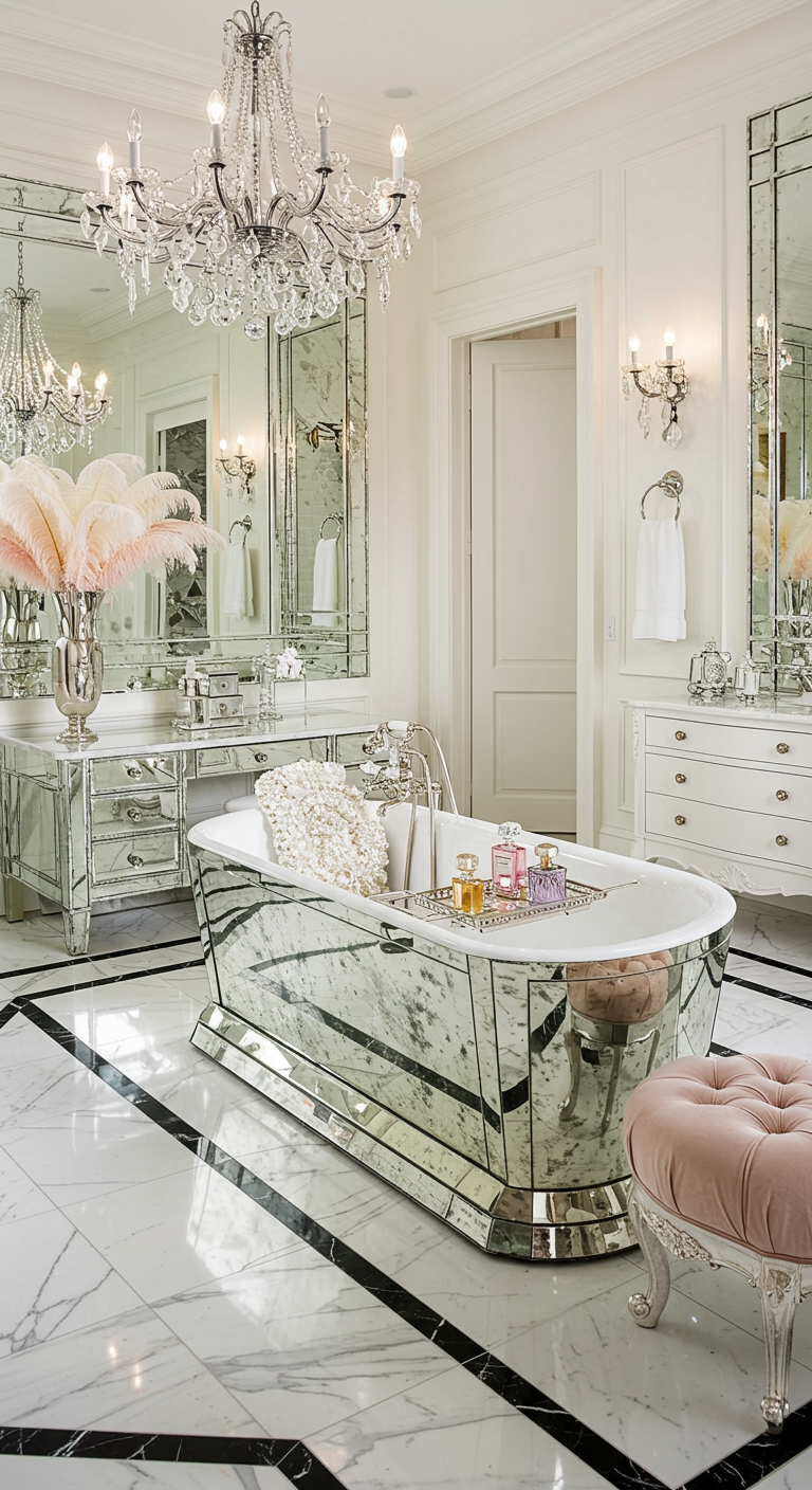 Bad op pootjes bekleed met spiegels in een luxueuze badkamer met marmer en kristallen kroonluchter.