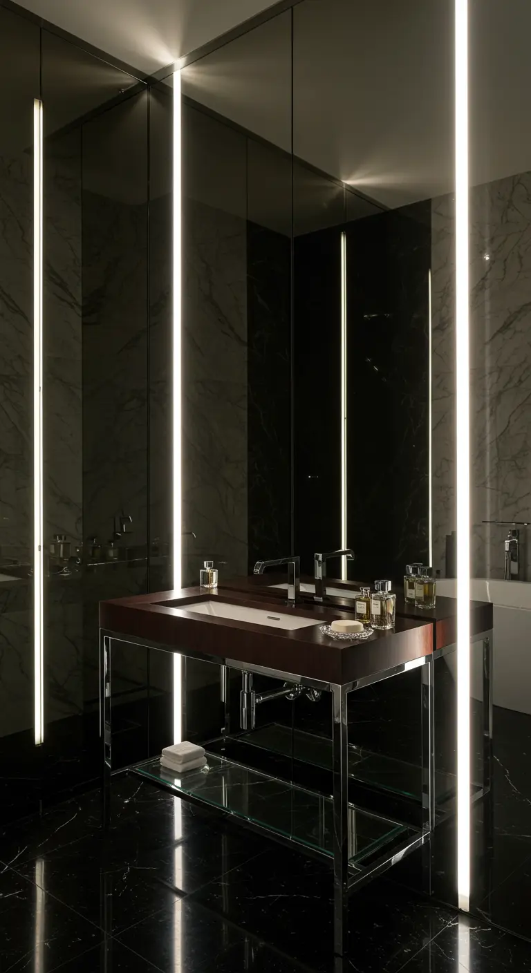 Donkere, luxe badkamer met spiegelwanden, verticale LED-verlichting en chromen wastafelmeubel.