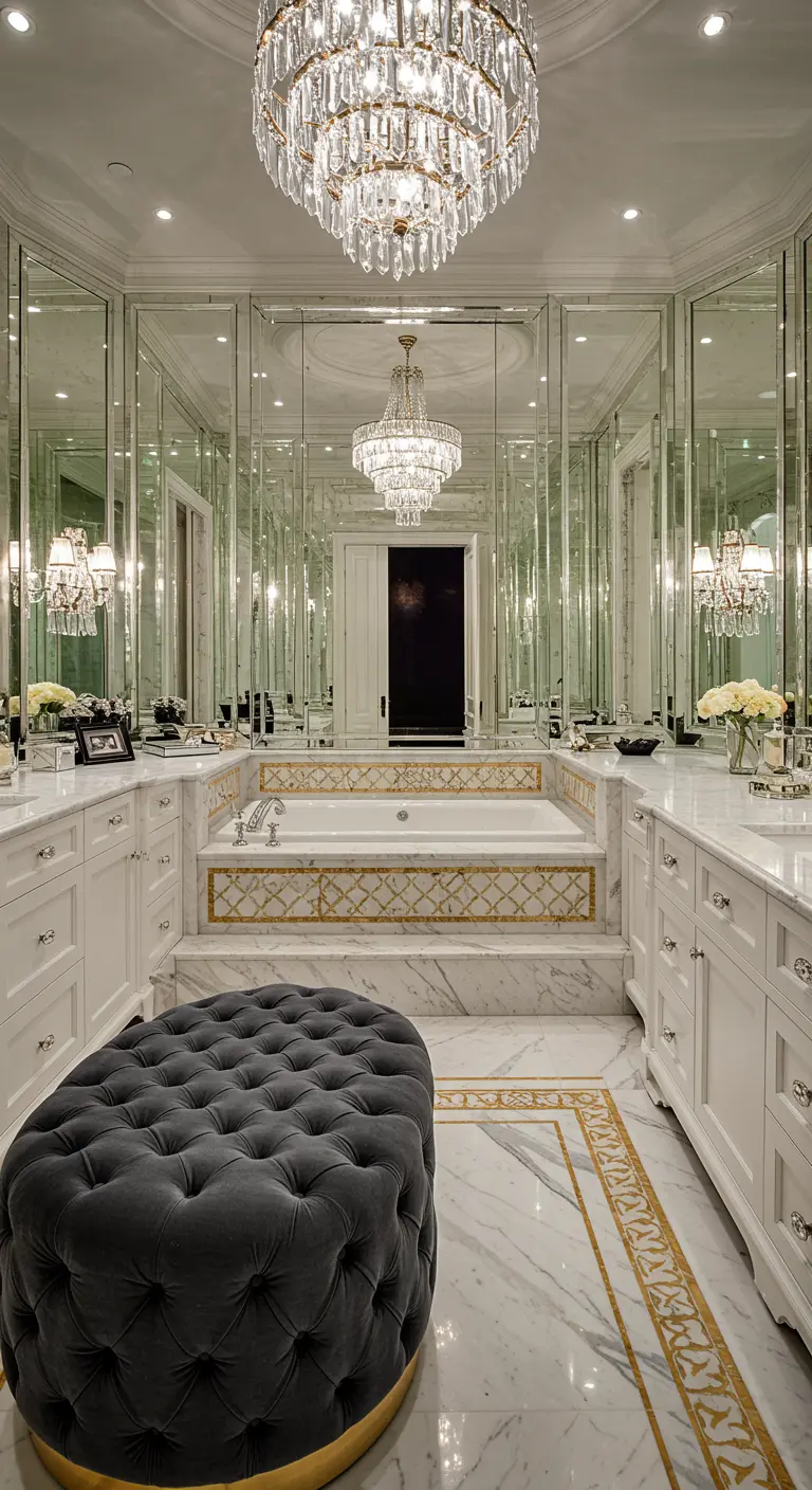 Luxe badkamer met spiegelwanden, marmer en een grote kroonluchter.