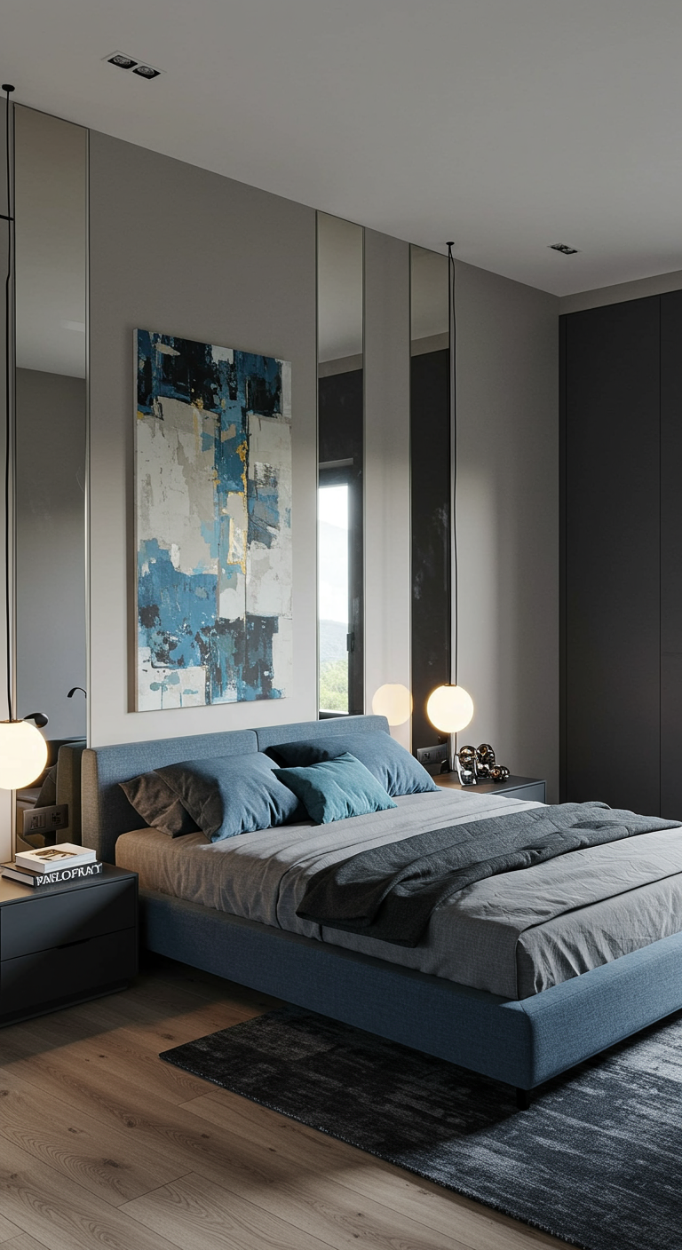 Verticale spiegelpanelen naast een abstract schilderij boven het bed.