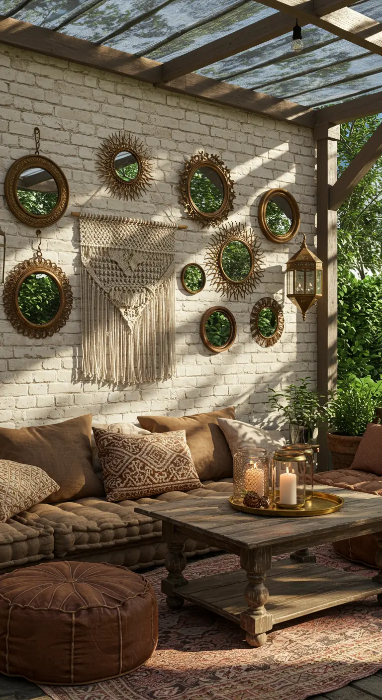 Boho-geïnspireerde buitenmuur met diverse gouden spiegels, macramé en lantaarn.