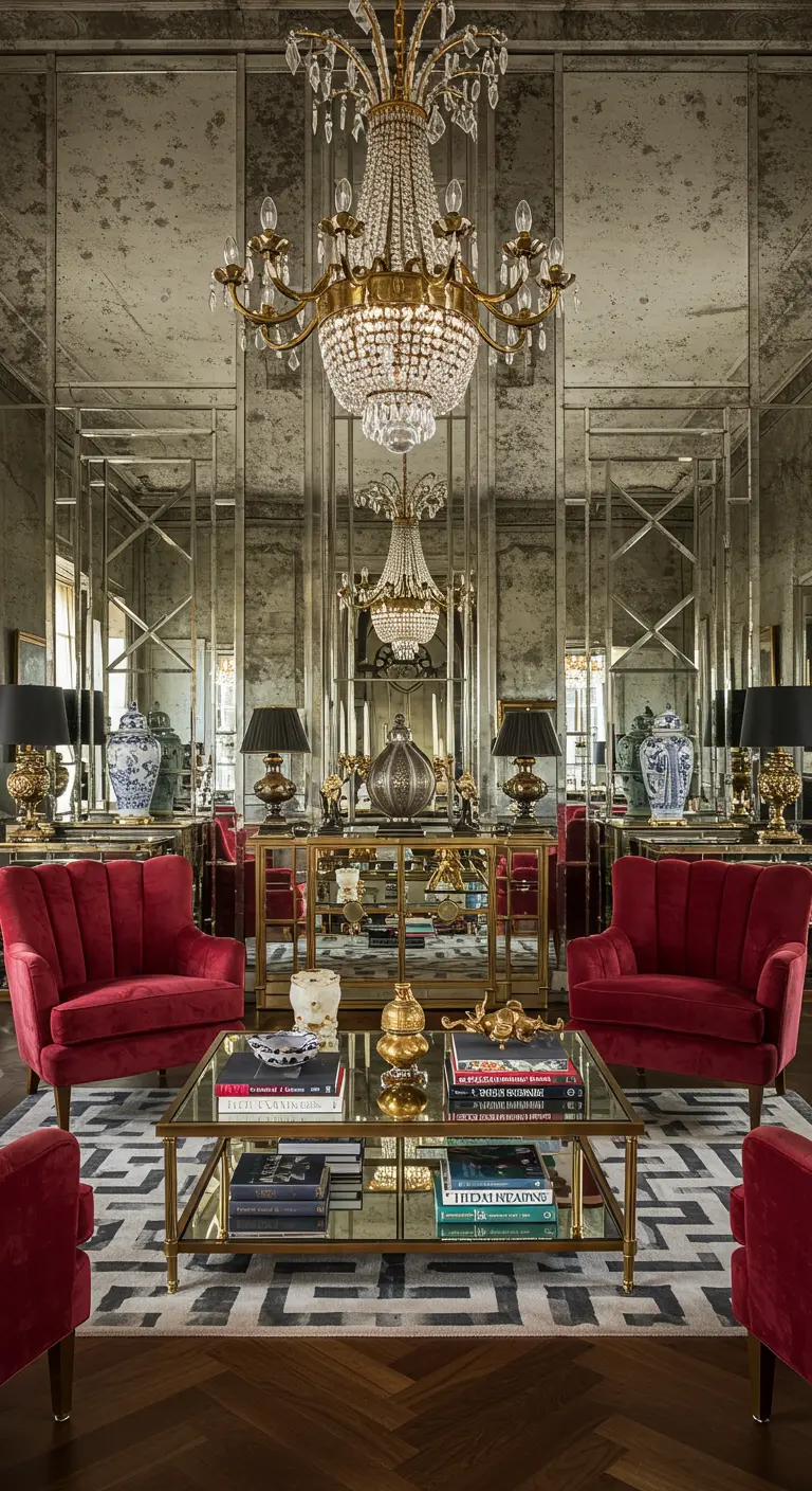 Luxe Art Deco woonkamer met spiegelwanden, rode fluwelen stoelen en kristallen kroonluchter.