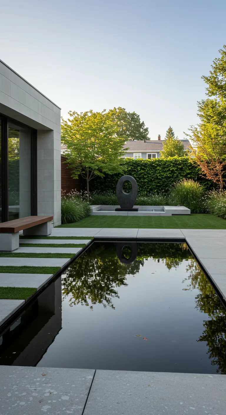 Moderne tuin met een grote rechthoekige reflectievijver en abstracte sculptuur.