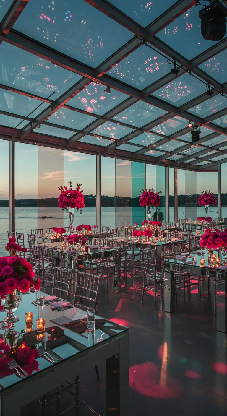 Elegante evenementenruimte met spiegelende tafels, fuchsiaroze bloemen en transparante stoelen