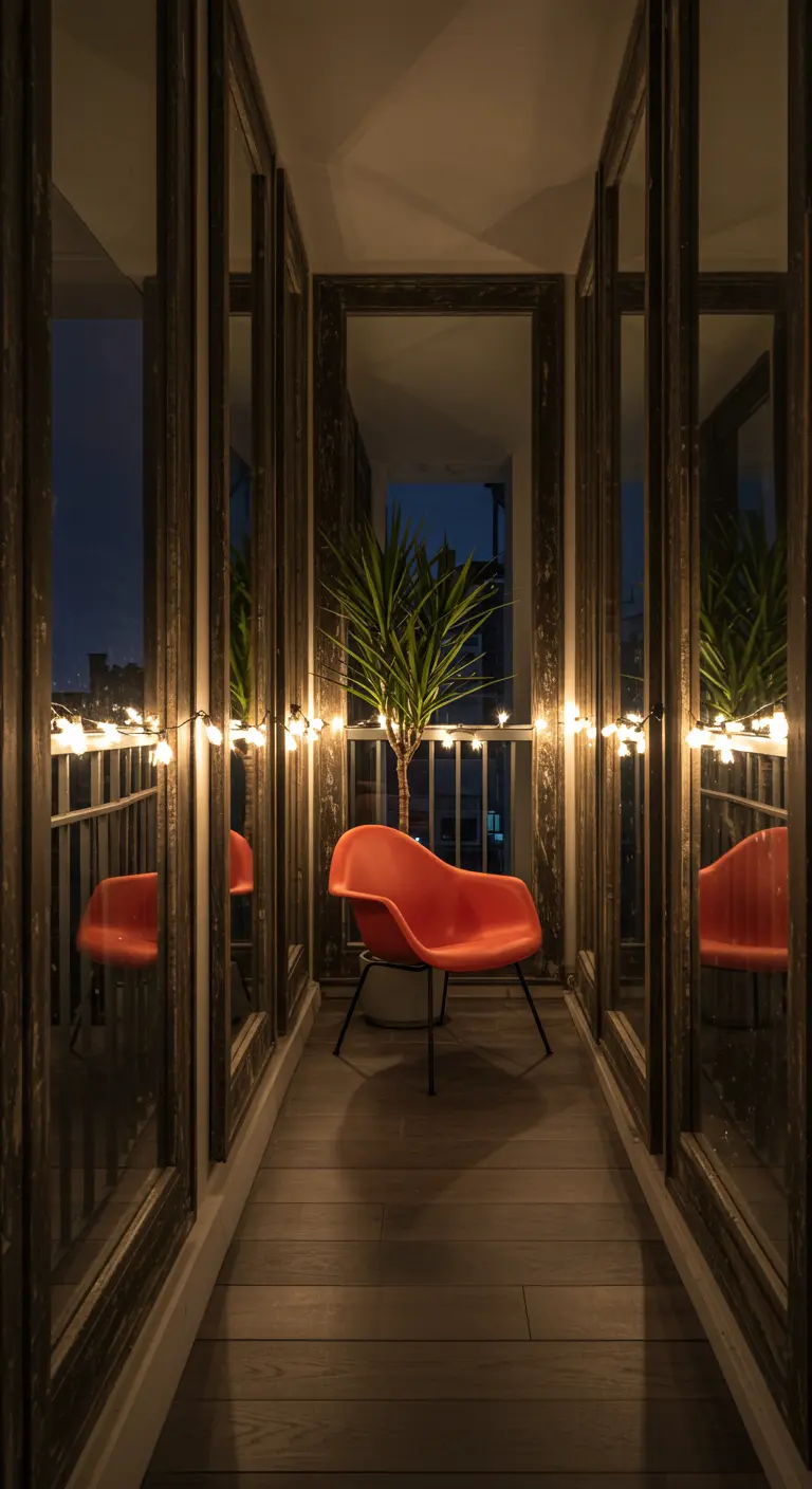 Smal balkon met muren van hoge spiegels en een oranje designstoel.