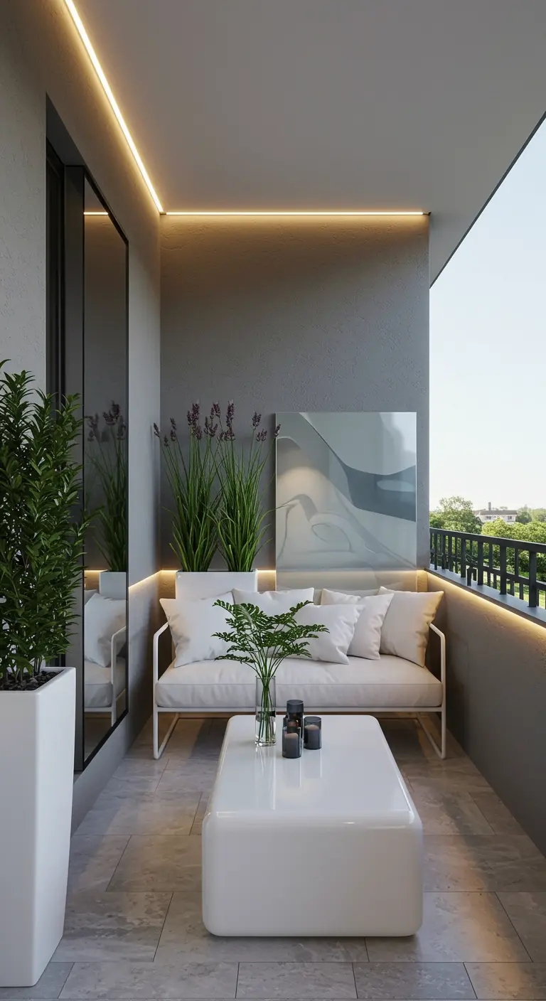 Modern balkon met grijze loungebank, spiegelwand en LED-verlichting.