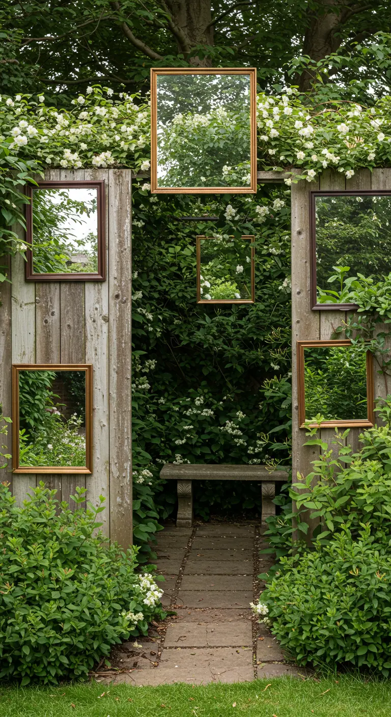 Houten schutting in een tuin versierd met diverse spiegels, omgeven door groene planten en bloemen.