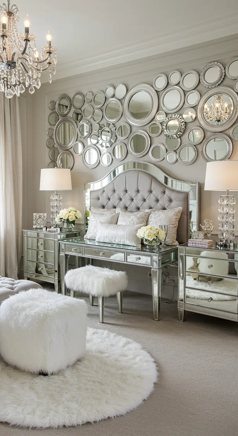 Glamoureuze slaapkamer met een wand vol ronde spiegels en een witte ronde poef.