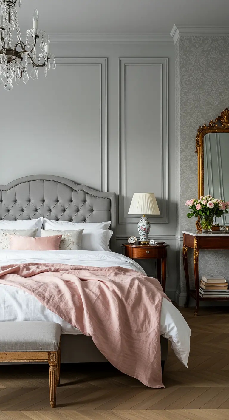 Klassieke slaapkamer met grijs gecapitonneerd hoofdbord en roze accenten.