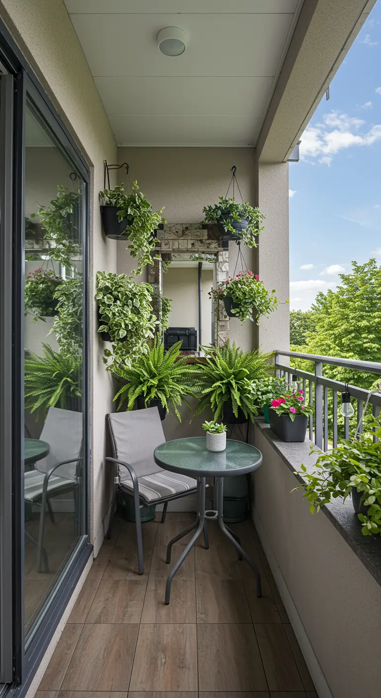 Smal balkon met spiegel aan muur die ruimte groter doet lijken, veel hangplanten.