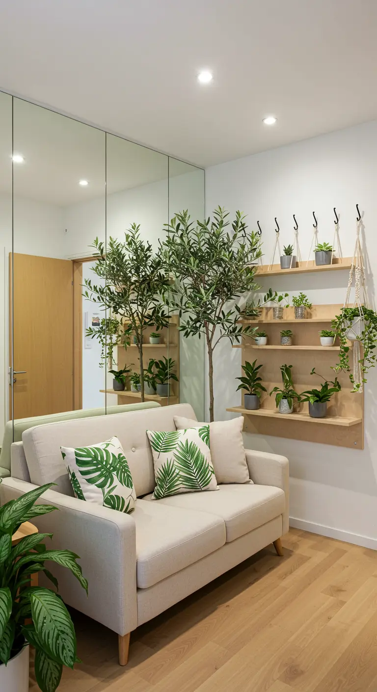 Kleine woonkamer met spiegelwand die planten en houten planken vol groen reflecteert.