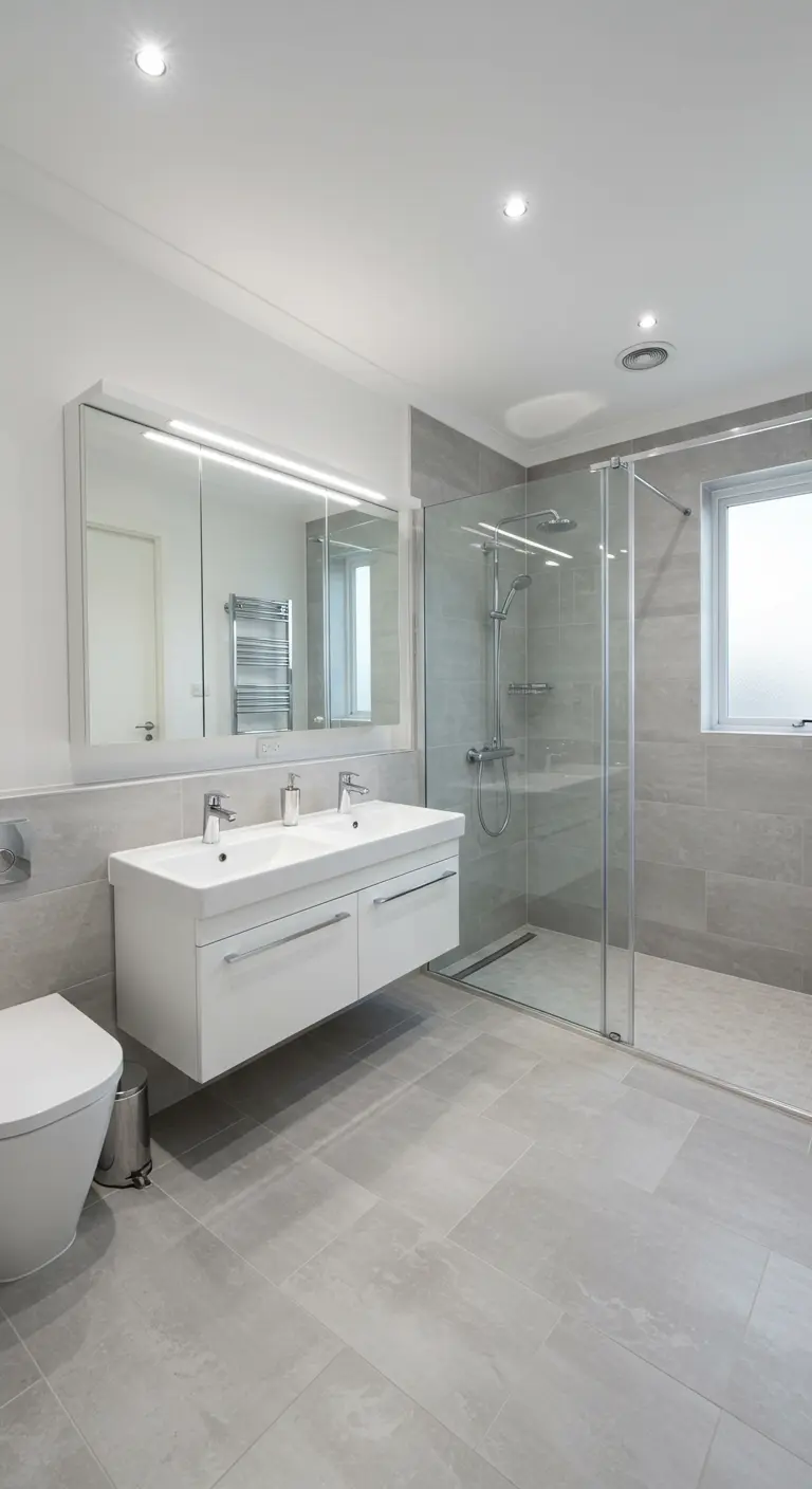 Moderne badkamer met brede spiegelkast boven dubbele wastafel en lichte tegels.