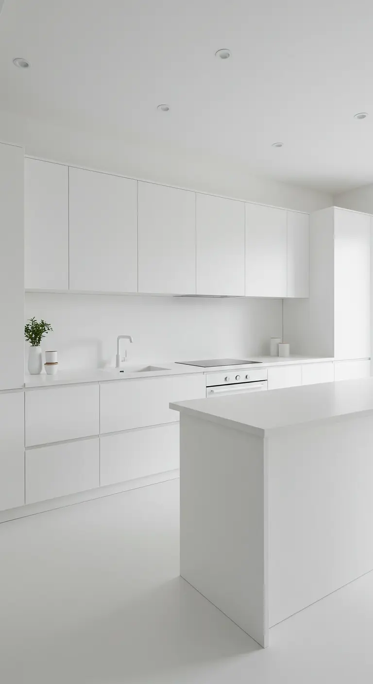 Minimalistische, volledig mat witte keuken met eiland.