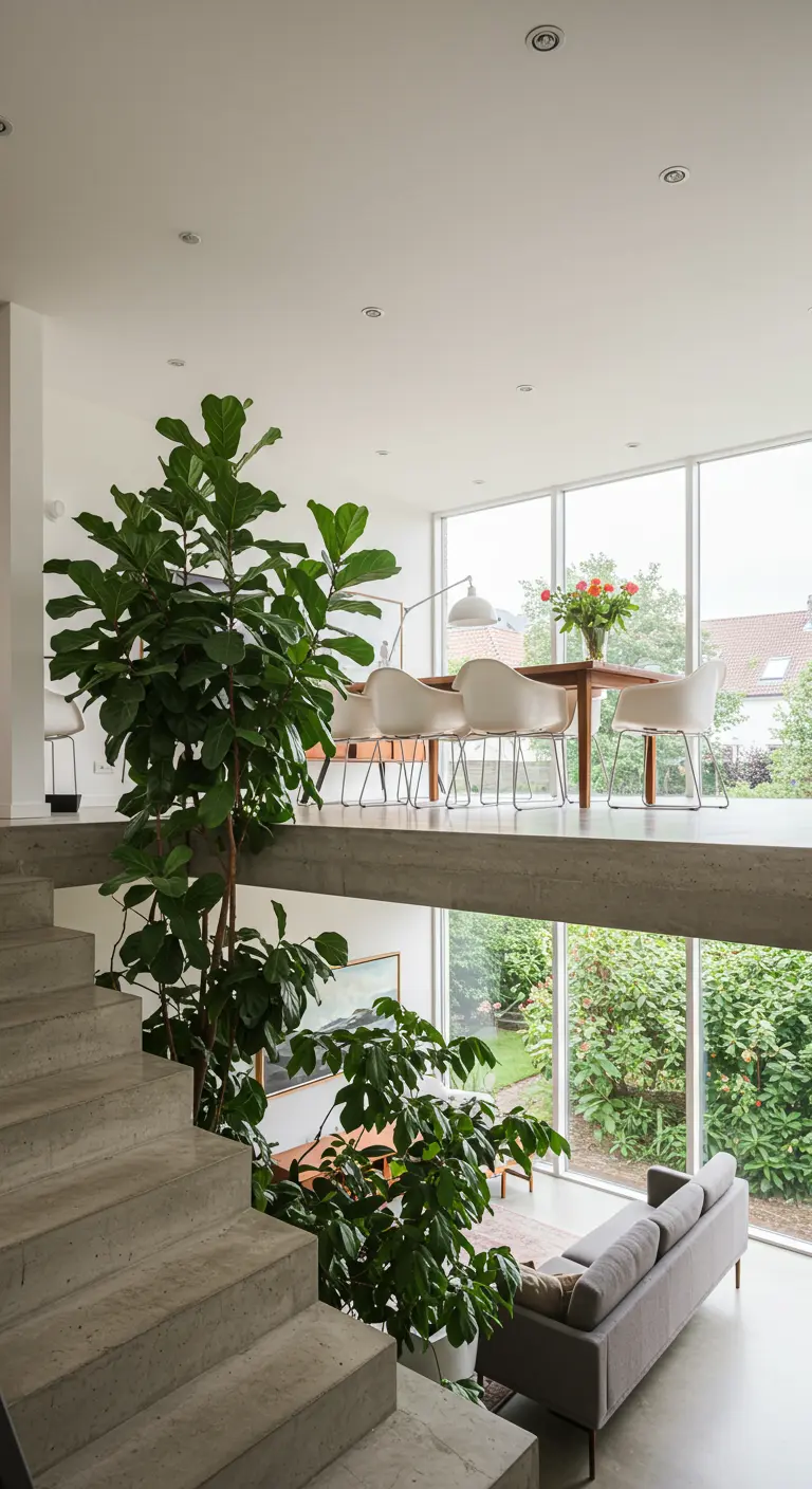 Moderne split-level eetkamer met hoge plant naast de trap