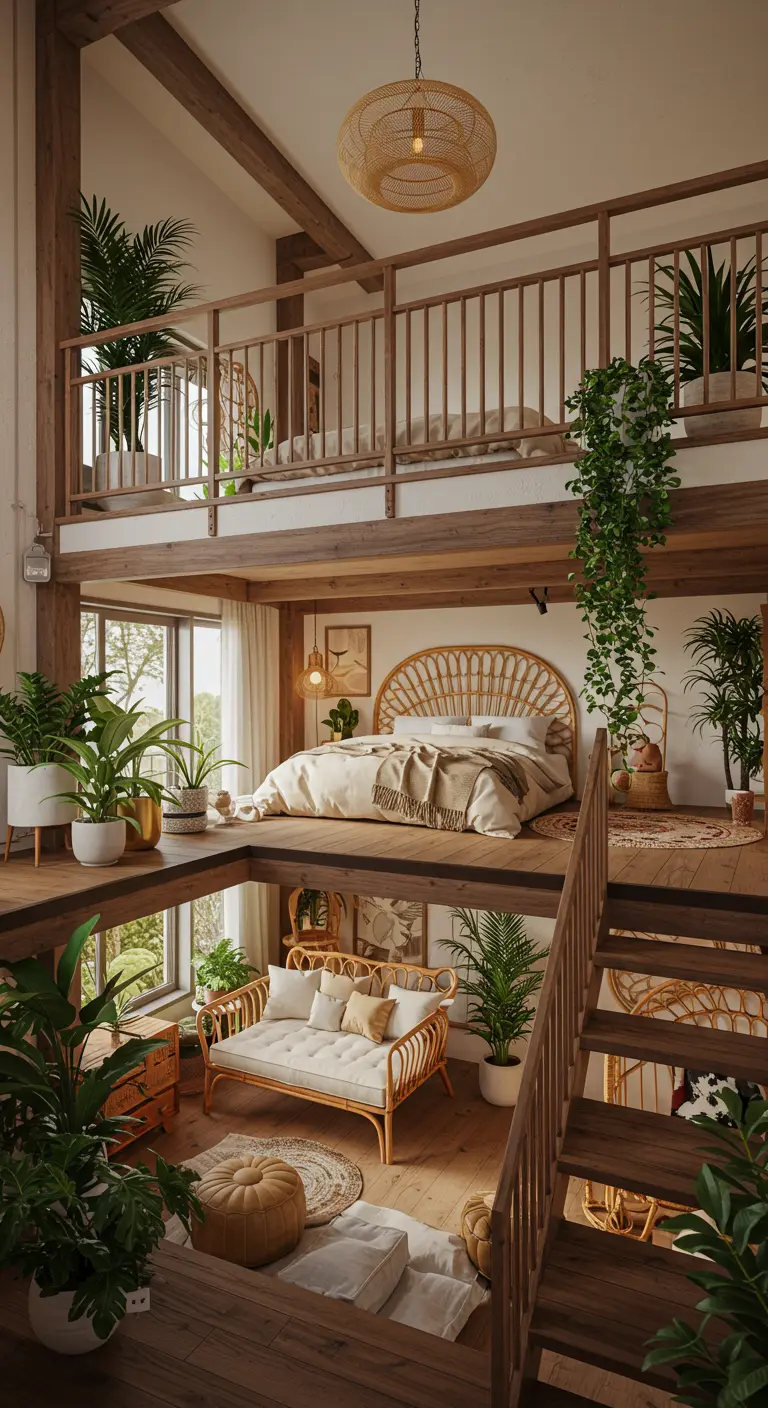Split-level slaapkamer met mezzanine bed, rotan meubels en veel grote planten.