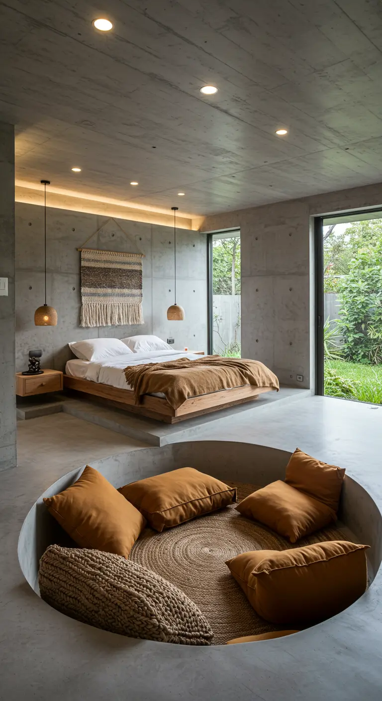Betonnen slaapkamer met verhoogd bed en verzonken zithoek.