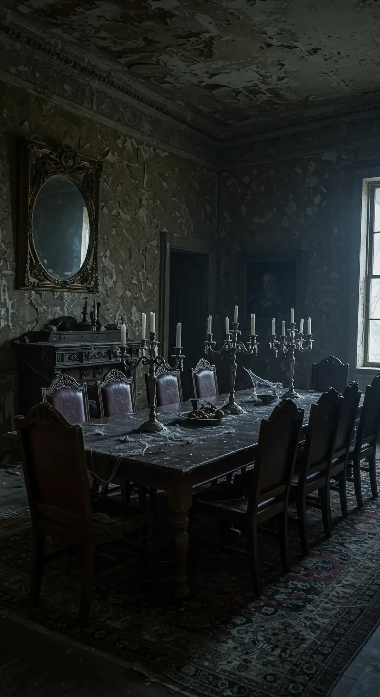 Verlaten eetkamer met spinnenwebben en kandelaars.