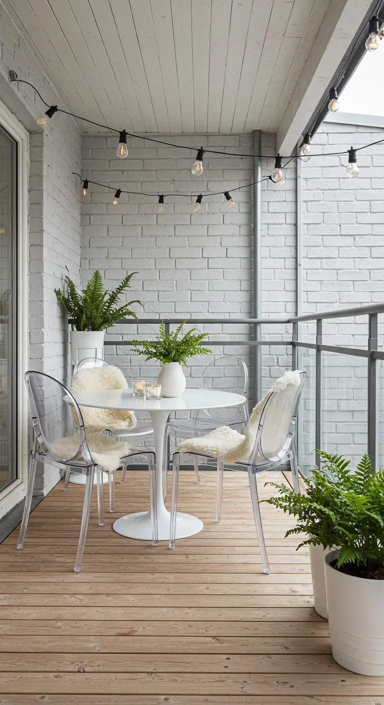 Balkon met witte bakstenen muur, transparante stoelen, witte tafel en lichtsnoer.