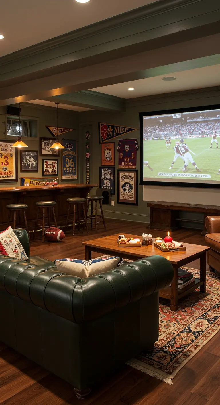 Mancave met sportthema, groot projectiescherm, bar en comfortabele groene leren bank.