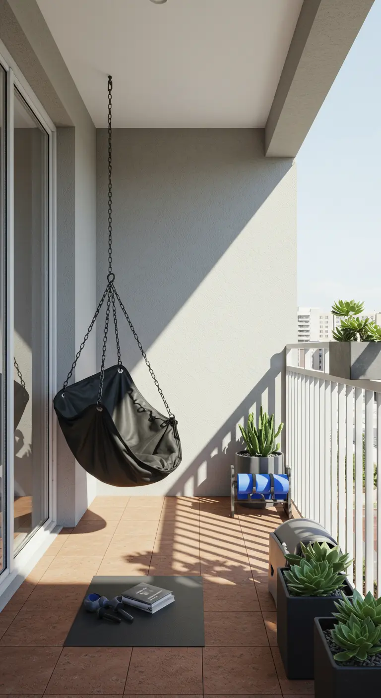 Minimalistisch balkon met zwarte stoffen hangstoel, vetplanten en sportaccessoires.