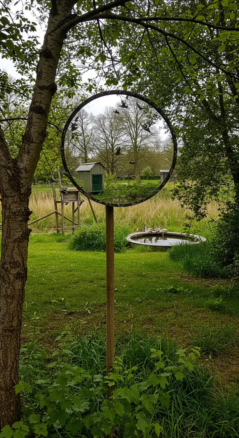 Ronde spiegel op een houten paal in een natuurlijke tuin, reflecteert vogels en een tuinhuisje.