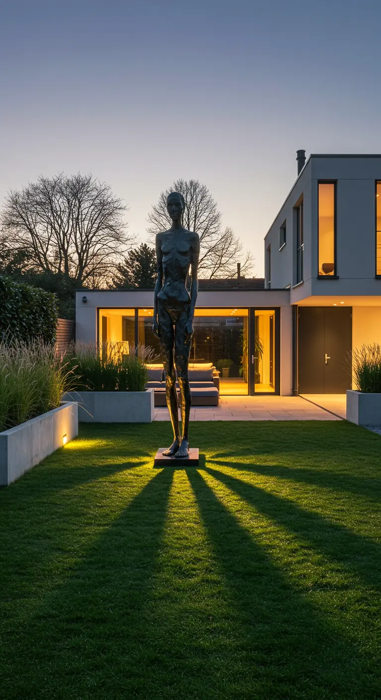 Modern bronzen beeld in tuin 's avonds uitgelicht door grondspots.