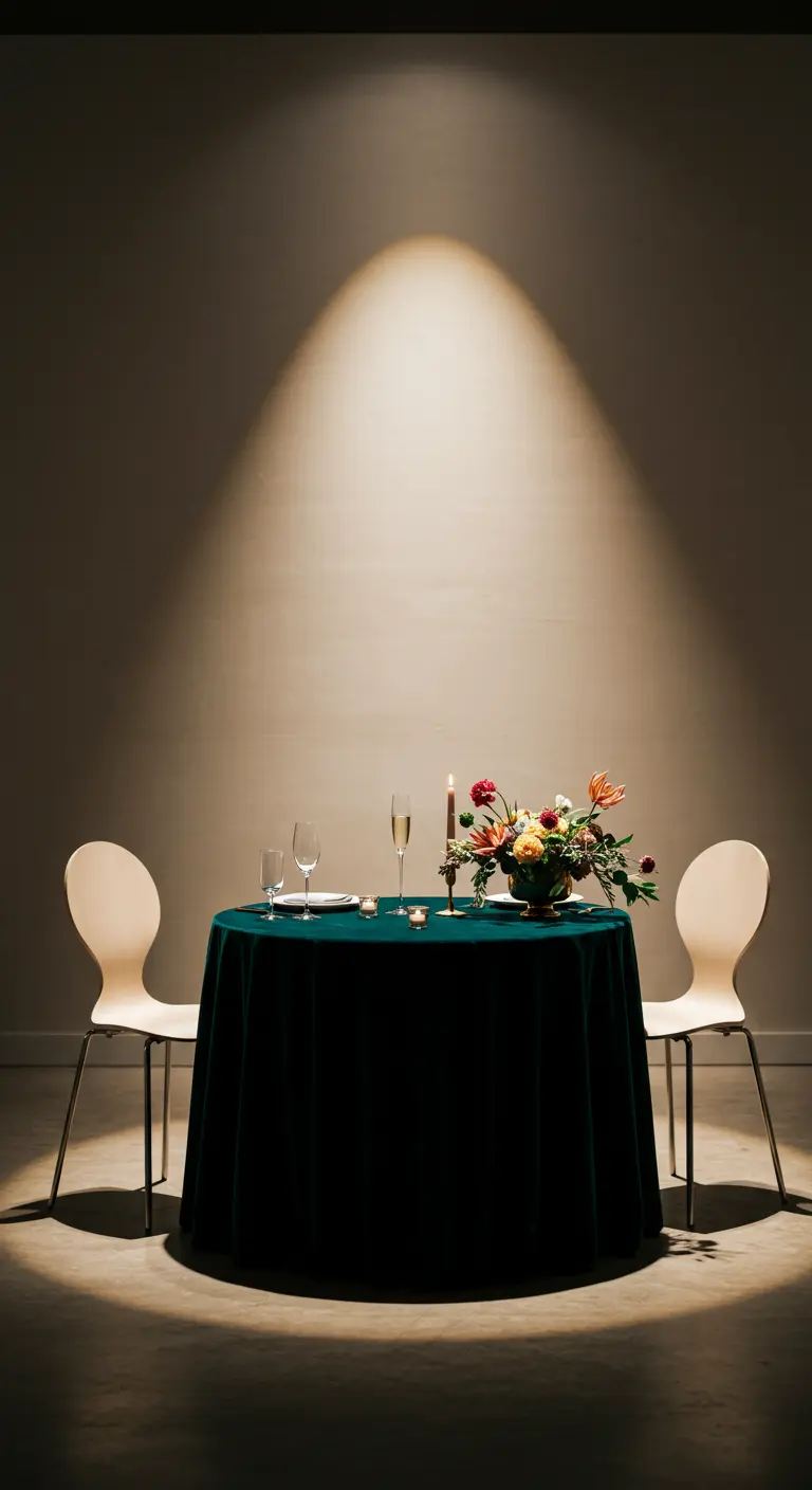 Intieme tafel voor twee in spotlight, met fluwelen kleed en bloemstuk.