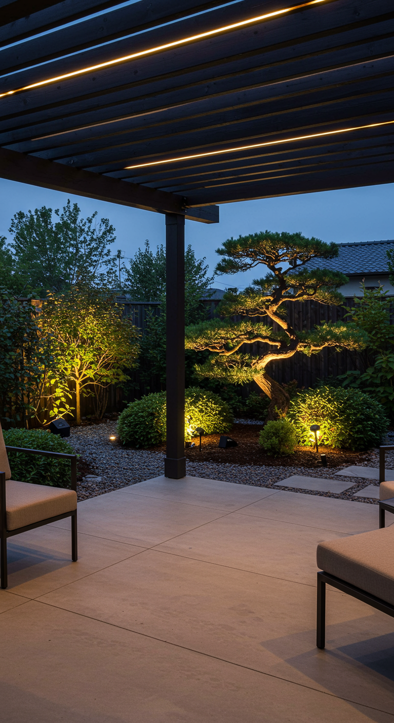 Tuin 's avonds met uitgelichte Japanse boom, spots en sfeerverlichting onder een pergola.