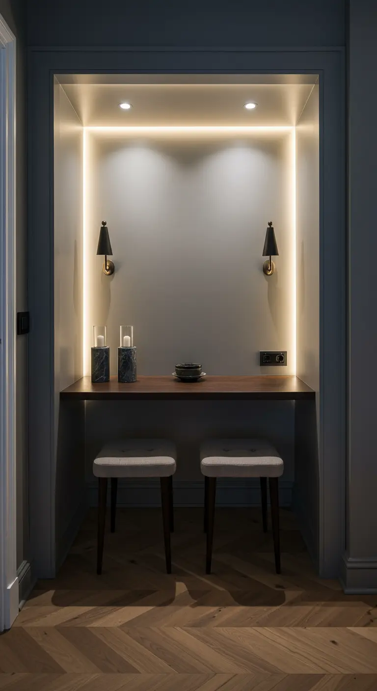 Donkere nis met houten wandtafel, krukjes en sfeervolle LED-verlichting.